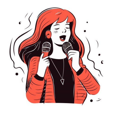 Vector illustration of a girl singing karaoke with microphone in