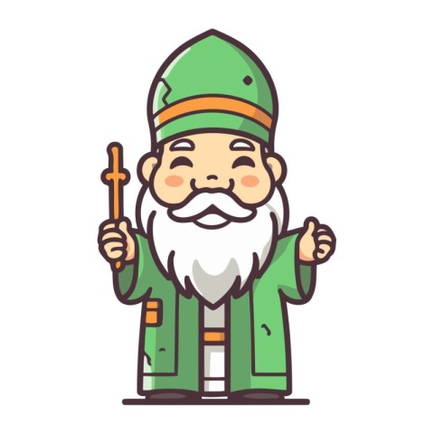 Cartoon Leprechaun with Magic Wand. Vector Illustration