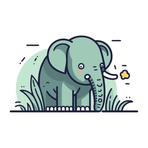 Cute elephant in the grass. Vector illustration in flat style.