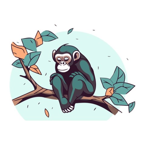 Chimpanzee monkey sitting on a branch. Vector illustration.