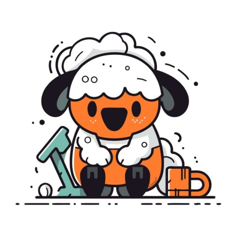 Cute cartoon sheep sitting on the floor. Vector flat illustratio