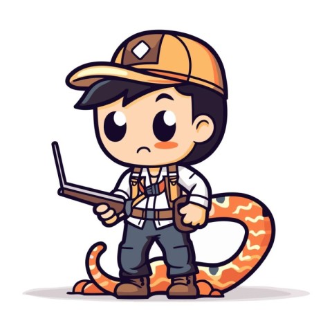 Boy with snake and laptop. Cute cartoon character. Vector illust