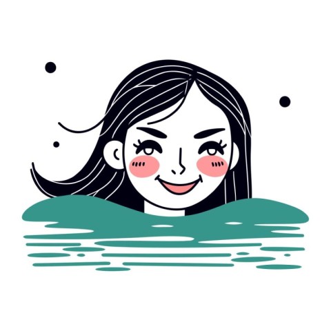 Smiling girl with long hair in the sea. Vector illustration.