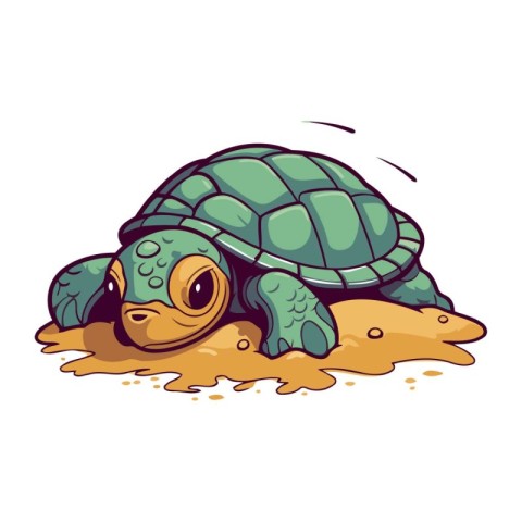 Cartoon turtle on the sand. Vector illustration isolated on whit