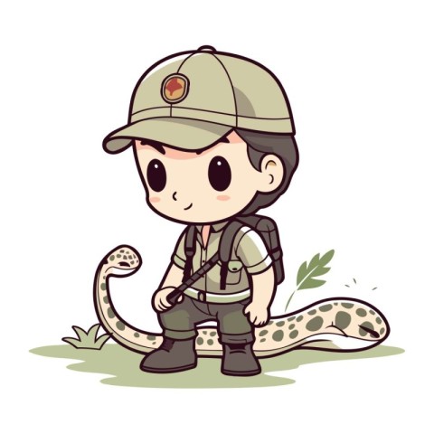 Cute boy in safari outfit with snake. Vector illustration.