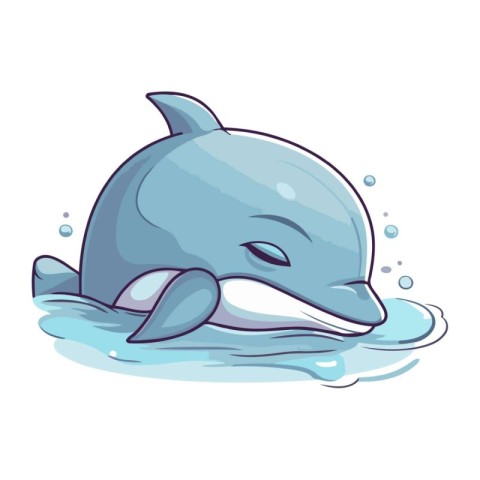 Cartoon dolphin in water. Vector illustration isolated on white