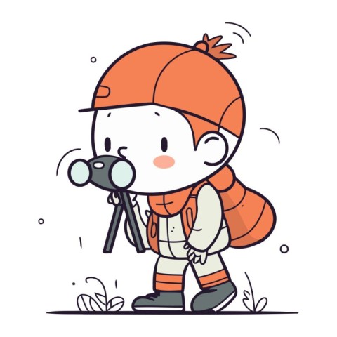 Cute little boy in winter clothes with camera. Vector illustrati