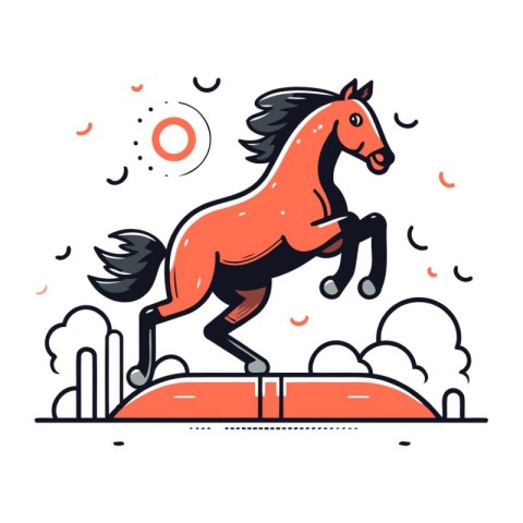 Horse jumping over the obstacle. Vector illustration in linear s