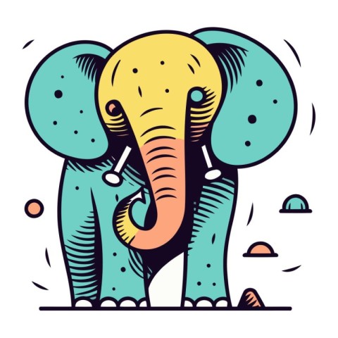 Vector illustration of cute cartoon elephant. Colorful line art