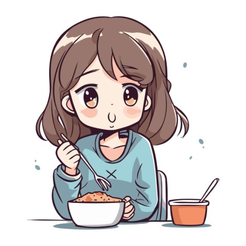 Illustration of a Cute Girl Eating a Bowl of Cereal