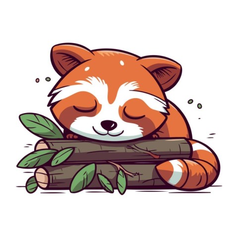 Cute cartoon red panda sleeping on a log. Vector illustration.