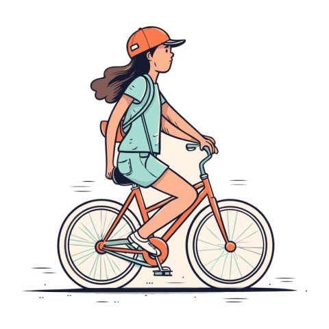 Young woman riding a bicycle. Vector illustration in flat cartoo