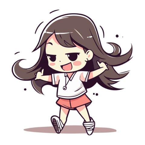 Cute little girl with long hair running and smiling. Vector illu