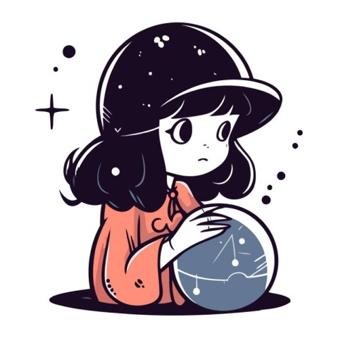 Cute little girl in a cap with a globe. Vector illustration.