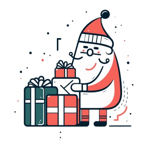 Cute Santa Claus with gifts. Vector illustration in line style.