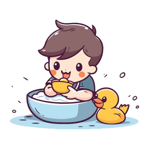 Cute boy taking a bath with ducklings. Vector illustration.