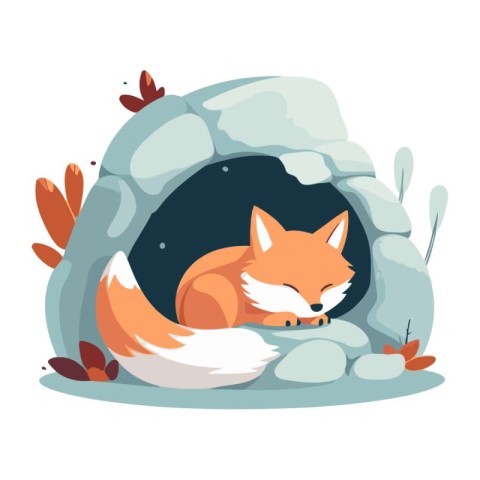 Cute fox sleeping in the cave. Vector illustration in cartoon st