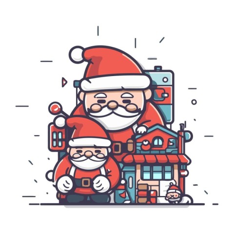 Santa Claus and elves in front of the house. Vector illustration