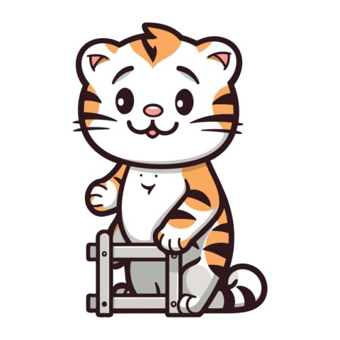 Cute tiger sitting on a ladder isolated on white background. Vec