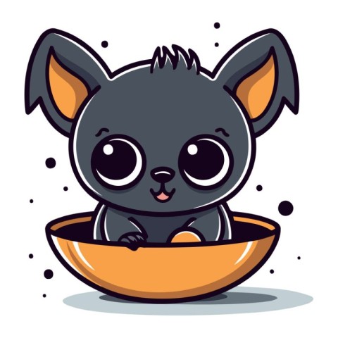 Cute cartoon kawaii cat in bowl. Vector illustration.