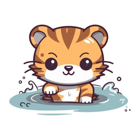 Cute little tiger in water. Vector illustration isolated on whit