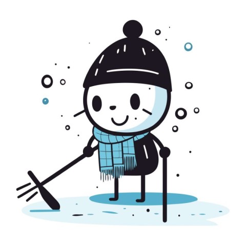 Winter activities. Cute cartoon snowman in warm clothes. Vector