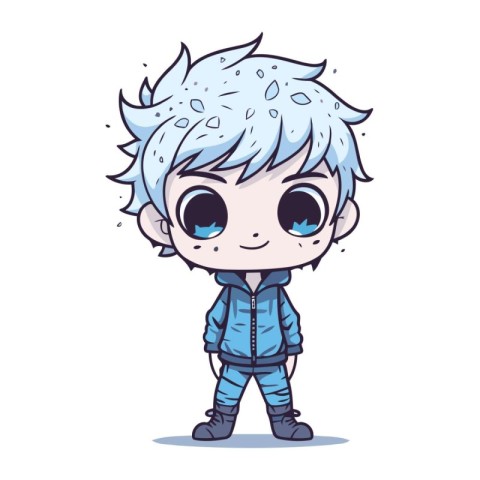 Cute little boy with blue eyes and blue clothes. Vector illustra