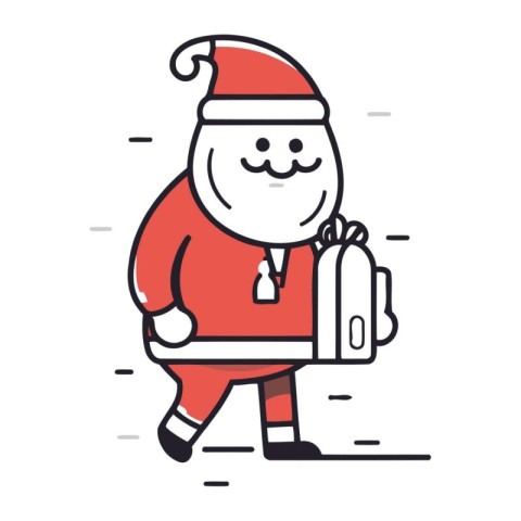 Santa Claus holding a bag of gifts. Thin line vector illustratio