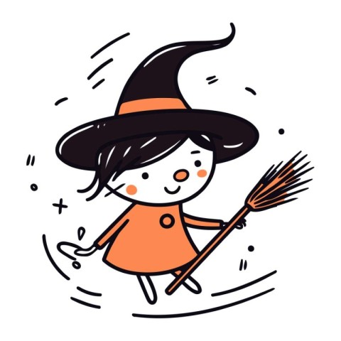 Cute little girl in witch costume with broom. Vector illustratio