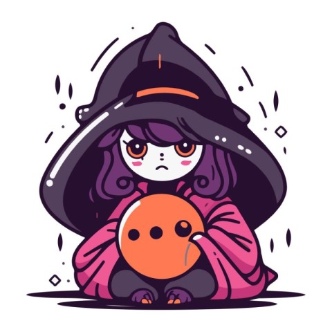 Cute little witch with a ball in her hands. Vector illustration.