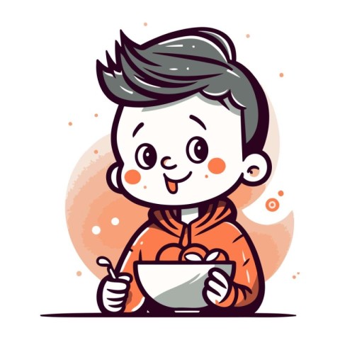 Cute little boy eating a bowl of soup. Vector illustration.