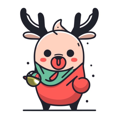 Cute reindeer with christmas bell and scarf. Vector illustration