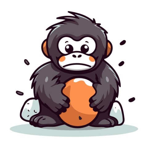 Monkey sitting on a stone and holding an orange. Vector illustra