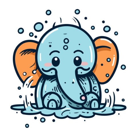 Cute little baby elephant in water. Vector illustration in carto