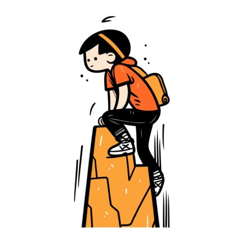 Teenage boy climbing up the rock. Hand drawn vector illustration