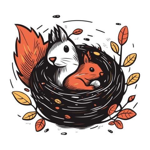 Cute squirrel in the nest with autumn leaves. Vector illustratio