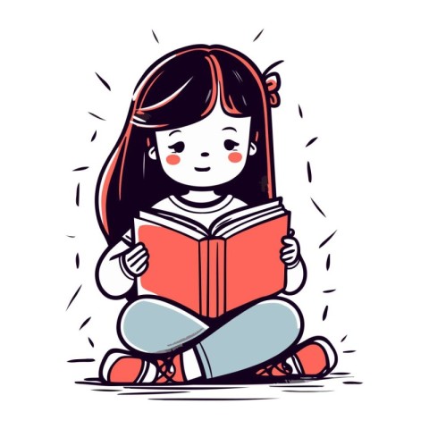 Cute little girl reading a book. Hand drawn vector illustration.