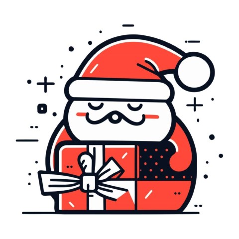 Santa Claus with a gift box. Vector illustration in line style.