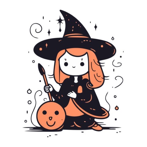 Cute little girl dressed as a witch with a broom and a pumpkin.