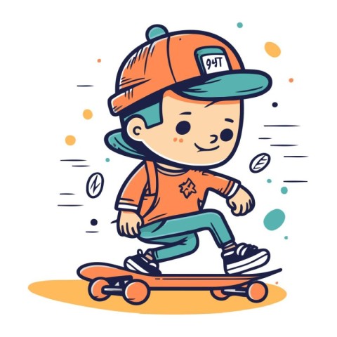 Cute little boy riding skateboard. Vector illustration in doodle