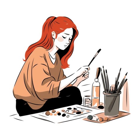 Illustration of a young woman painting in her studio. Vector ill