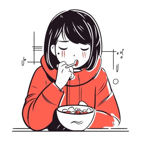 Illustration of a girl in a red hoodie eating a bowl of soup