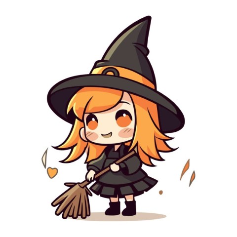 Cute little girl in witch costume with broom. Vector illustratio