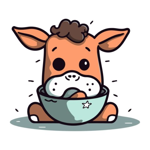 Cute cartoon cow with a bowl of milk. Vector illustration.