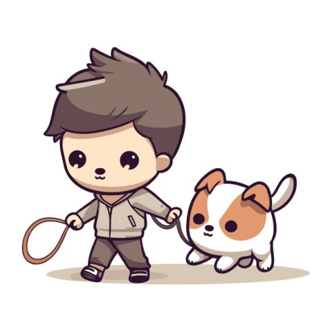 cute boy and dog playing tug of war cartoon vector illustration