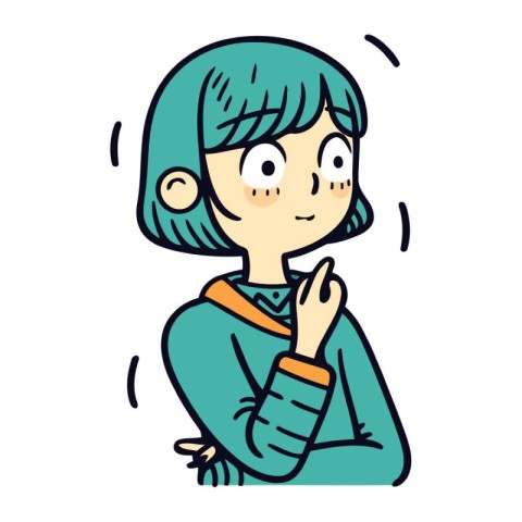 Illustration of a cute girl with blue hair wearing a blue dress