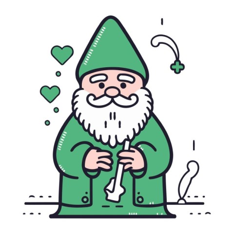 Cute gnome with magic wand and hearts. Vector illustration.