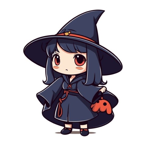 Cute little witch girl in a black hat and cloak. Vector illustra