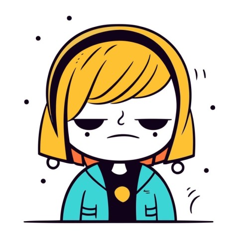 Cute cartoon girl with sad expression. Vector line art illustrat