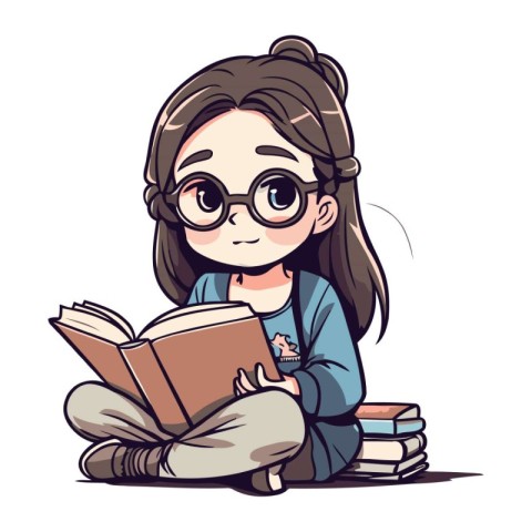 Cute little girl reading a book. Vector illustration. Cartoon st